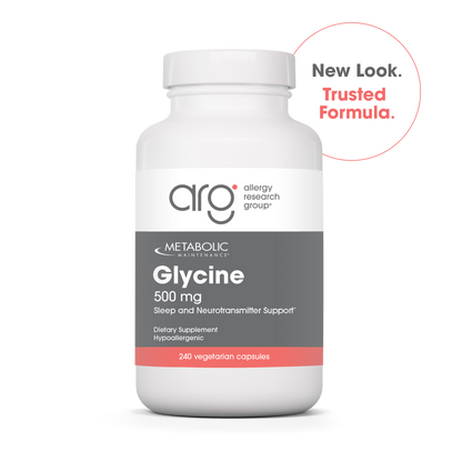 Bottle of Metabolic Maintenance Glycine capsules with New Look Trusted Formula badge.