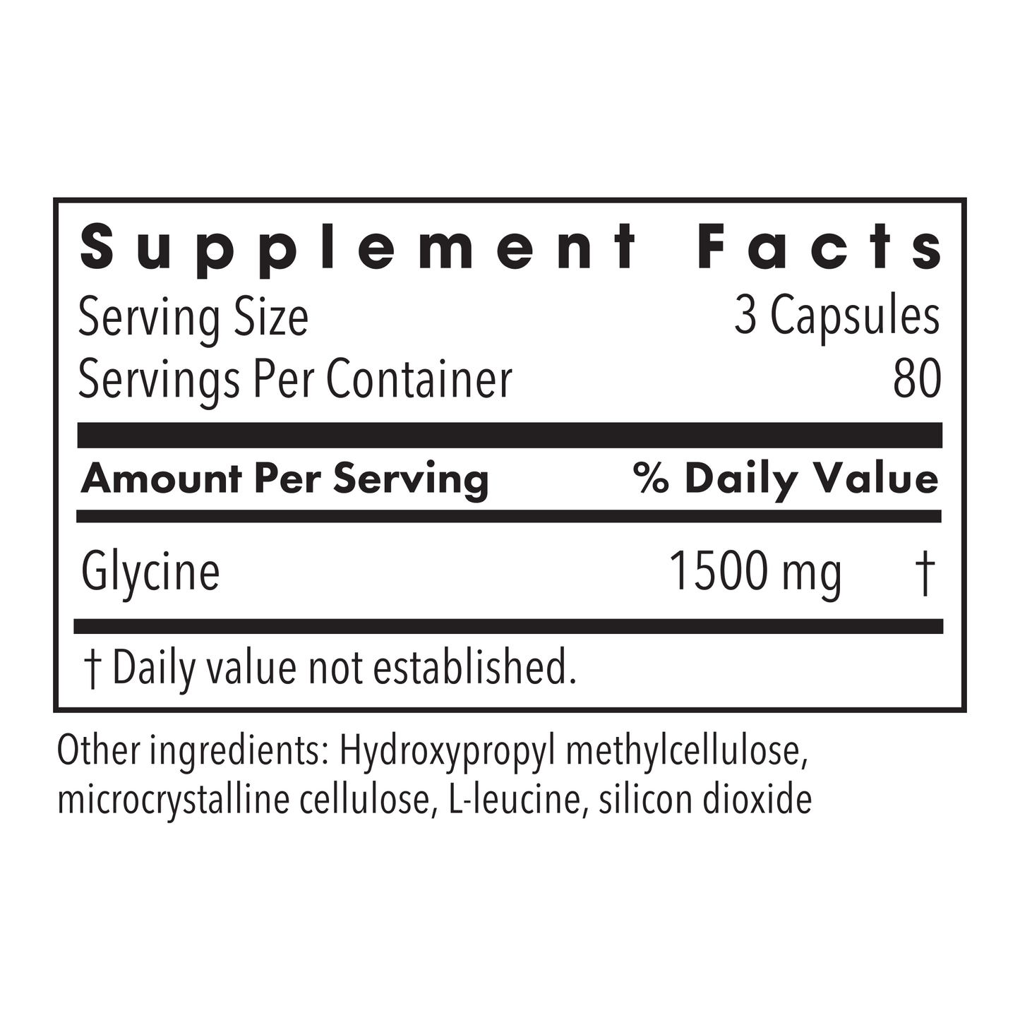 Supplement Facts panel showing Glycine 1500 mg per serving for Metabolic Maintenance Glycine capsules.