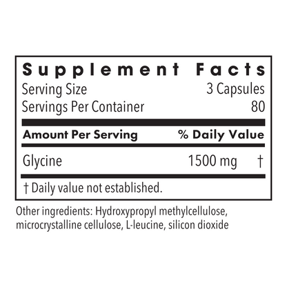 Supplement Facts panel showing Glycine 1500 mg per serving for Metabolic Maintenance Glycine capsules.
