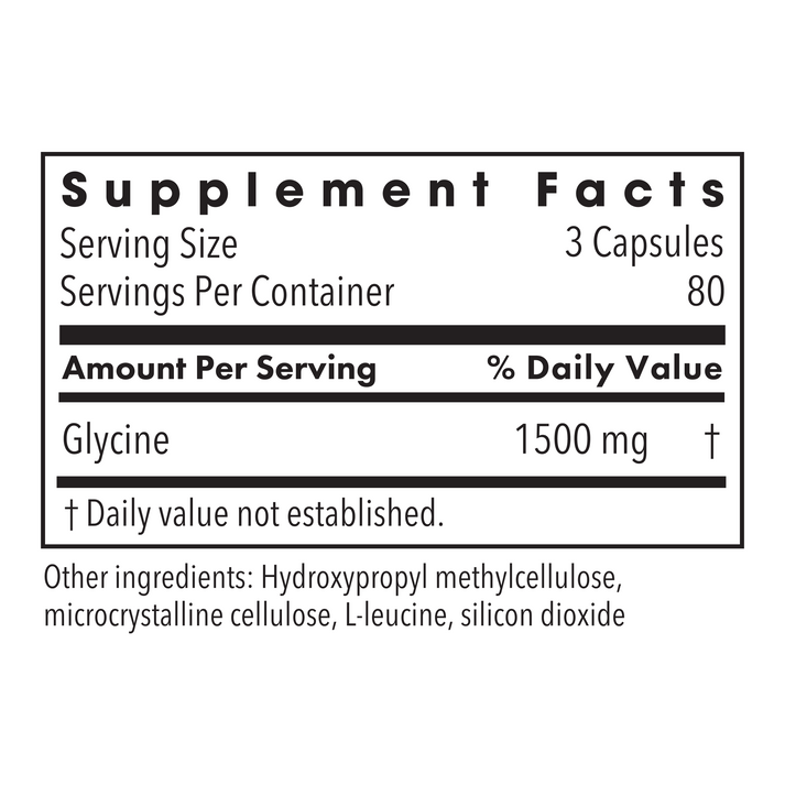 Supplement Facts panel showing Glycine 1500 mg per serving for Metabolic Maintenance Glycine capsules.