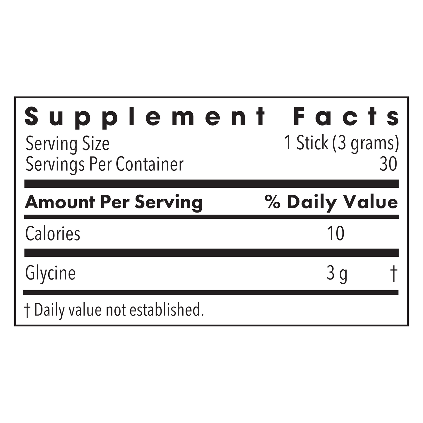 Supplement Facts panel for Metabolic Maintenance Glycine Sticks showing serving size and glycine per serving.