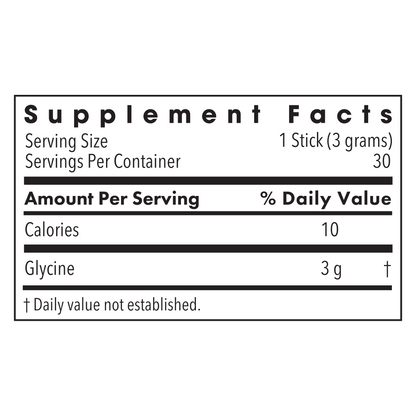 Supplement Facts panel for Metabolic Maintenance Glycine Sticks showing serving size and glycine per serving.