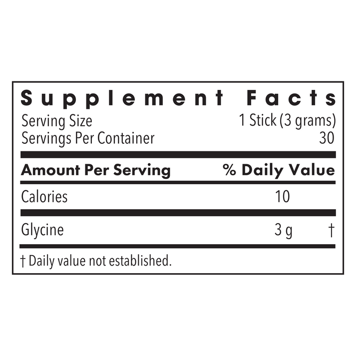 Supplement Facts panel for Metabolic Maintenance Glycine Sticks showing serving size and glycine per serving.
