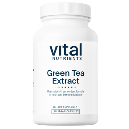 A white bottle of "Vital Nutrients Green Tea Extract" with 120 vegan capsules, promoting heart and immune function.