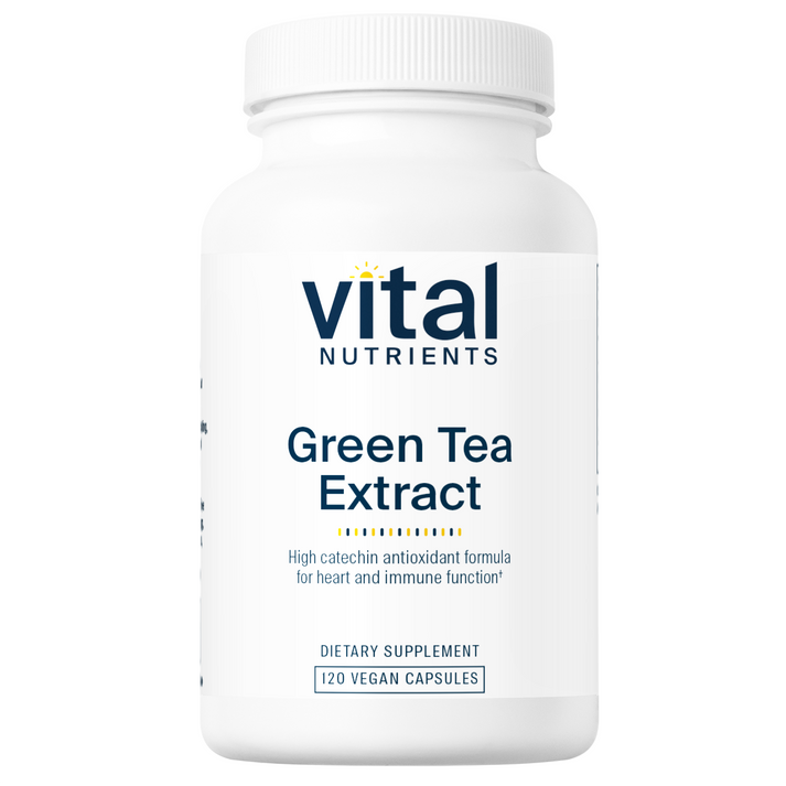 A white bottle of "Vital Nutrients Green Tea Extract" with 120 vegan capsules, promoting heart and immune function.