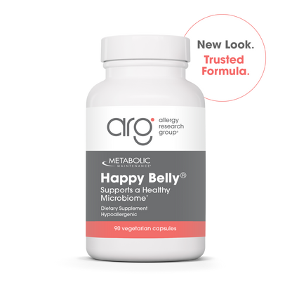 Metabolic Maintenance Happy Belly supplement bottle with New Look Trusted Formula badge.