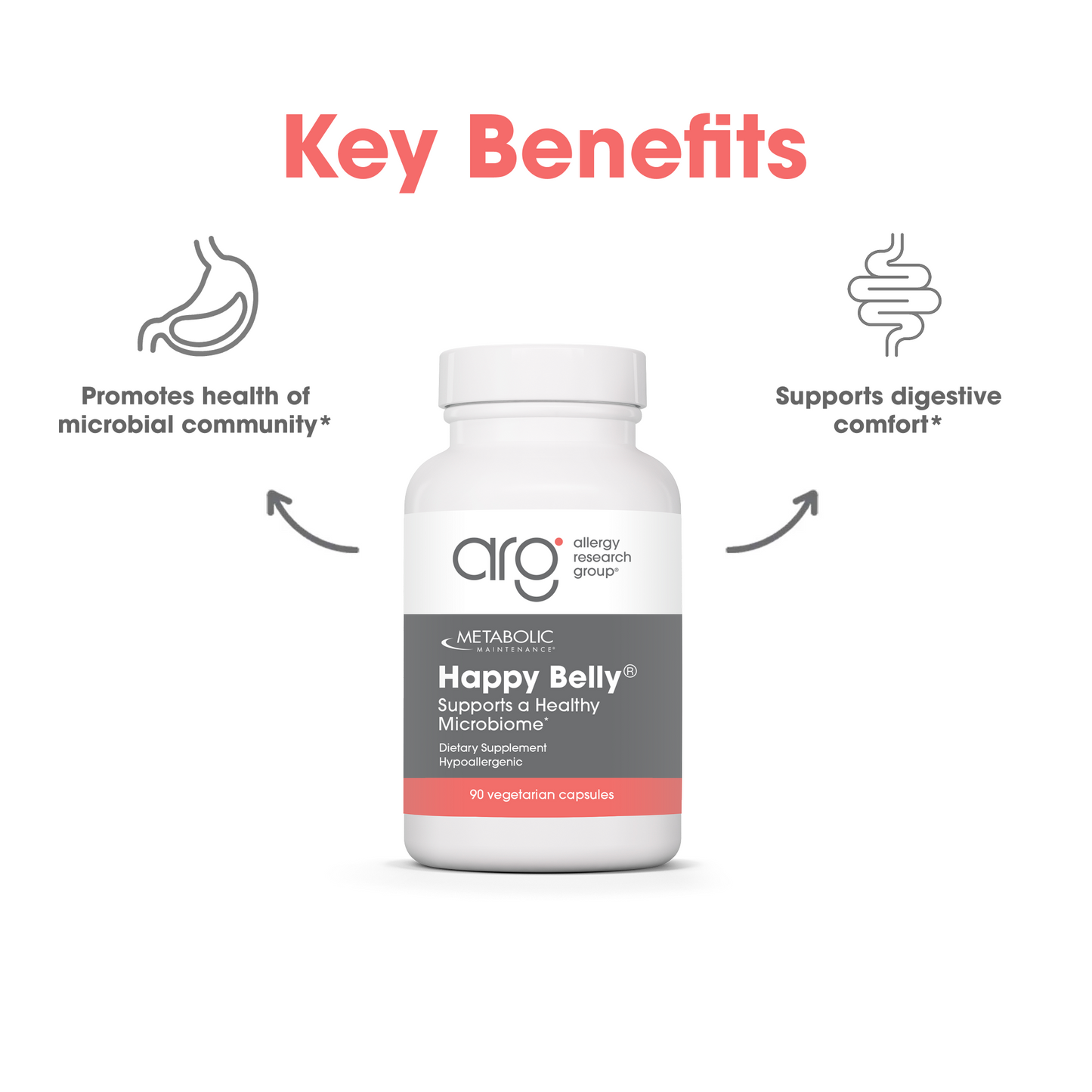 Suggested Use panel beside the Happy Belly bottle on a light background with a blue curved shape.