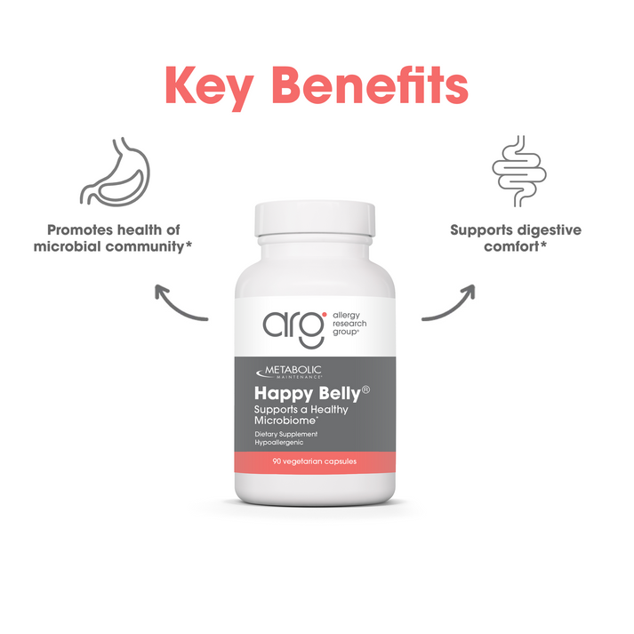Suggested Use panel beside the Happy Belly bottle on a light background with a blue curved shape.