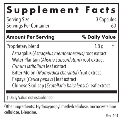 Supplement Facts panel for Healthy Prostate & Ovary showing astragalus, water plantain root, crinum latifolium, bitter melon, papaya leaf, and Chinese skullcap