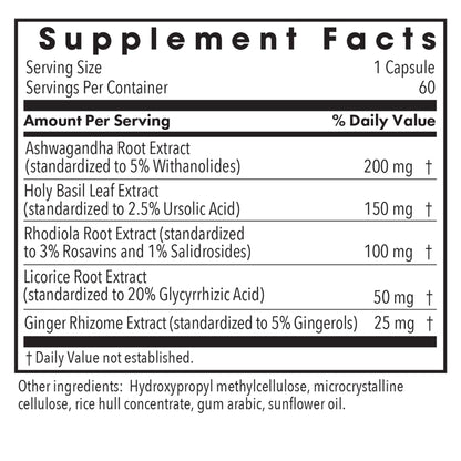 Supplement Facts panel for Herbal Adapt HPA Axis Restore showing ashwagandha, holy basil, rhodiola, licorice, and ginger extracts