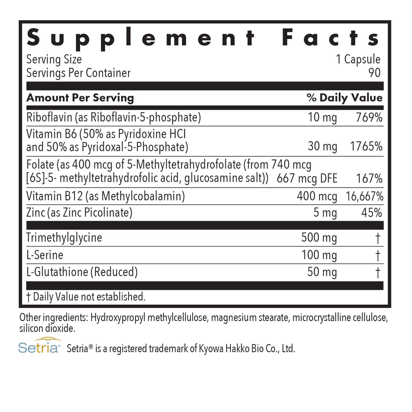 Homocysteine Plus - supplement fact label with Riboflavin, Vitamin B6, Folate, Vitamin B12 and Zinc
