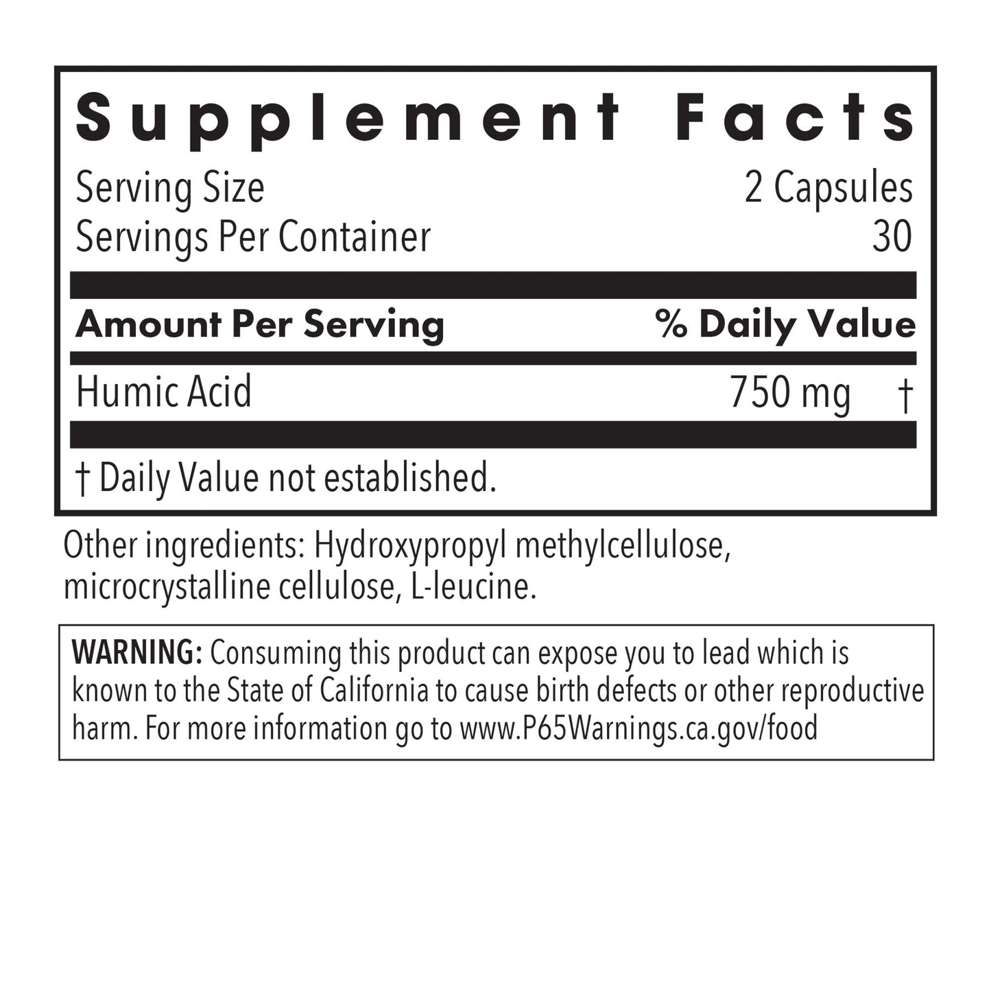 Humic Acid - supplement fact label with Humic Acid