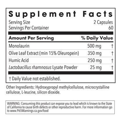 Supplement Facts panel for Humic-Monolaurin Complex showing monolaurin, olive leaf extract, humic acid, and Lactobacillus rhamnosus lysate