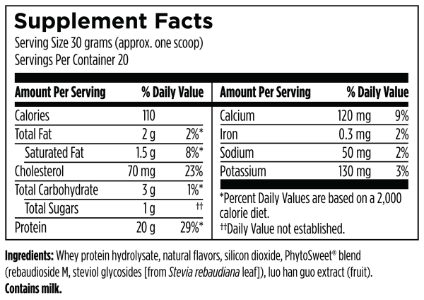 Hydrolyzed Whey Protein Vanilla 600g Supplement Facts Image