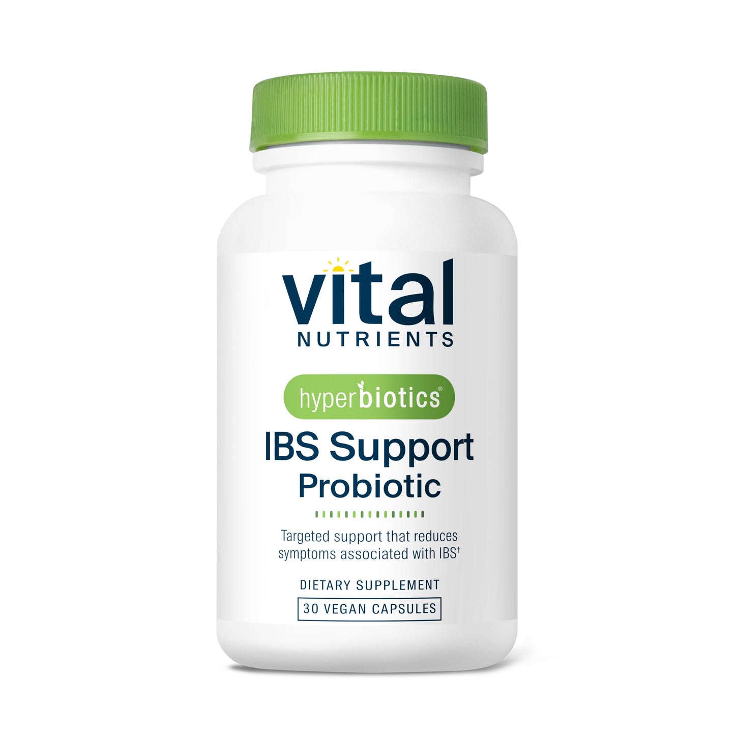 A white bottle labeled "Vital Nutrients hyperbiotics IBS Support Probiotic" with a green cap, containing 30 vegan capsules.