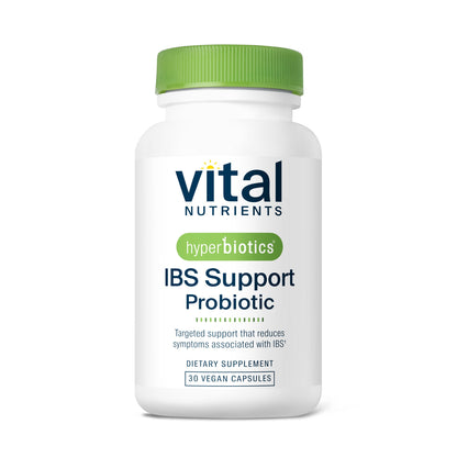A white bottle labeled "Vital Nutrients hyperbiotics IBS Support Probiotic" with a green cap, containing 30 vegan capsules.
