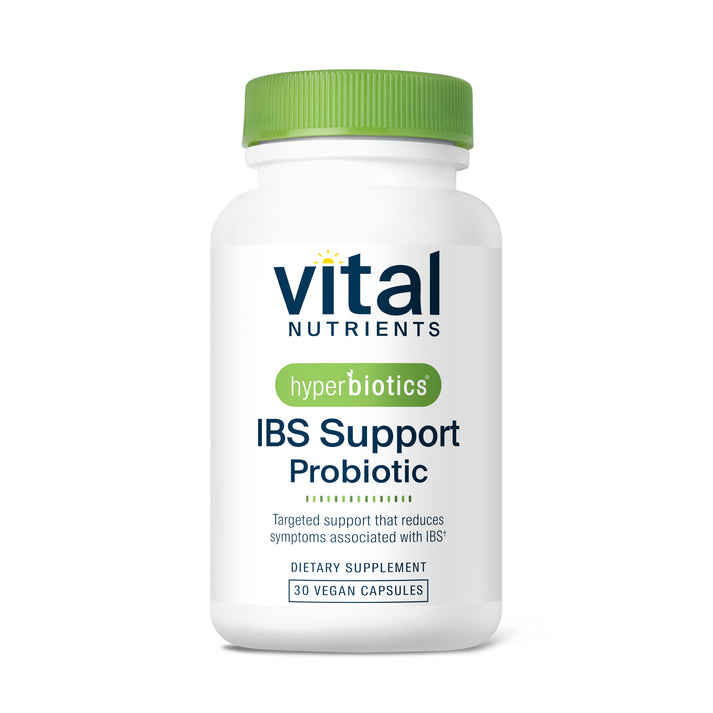 A white bottle labeled "Vital Nutrients hyperbiotics IBS Support Probiotic" with a green cap, containing 30 vegan capsules.