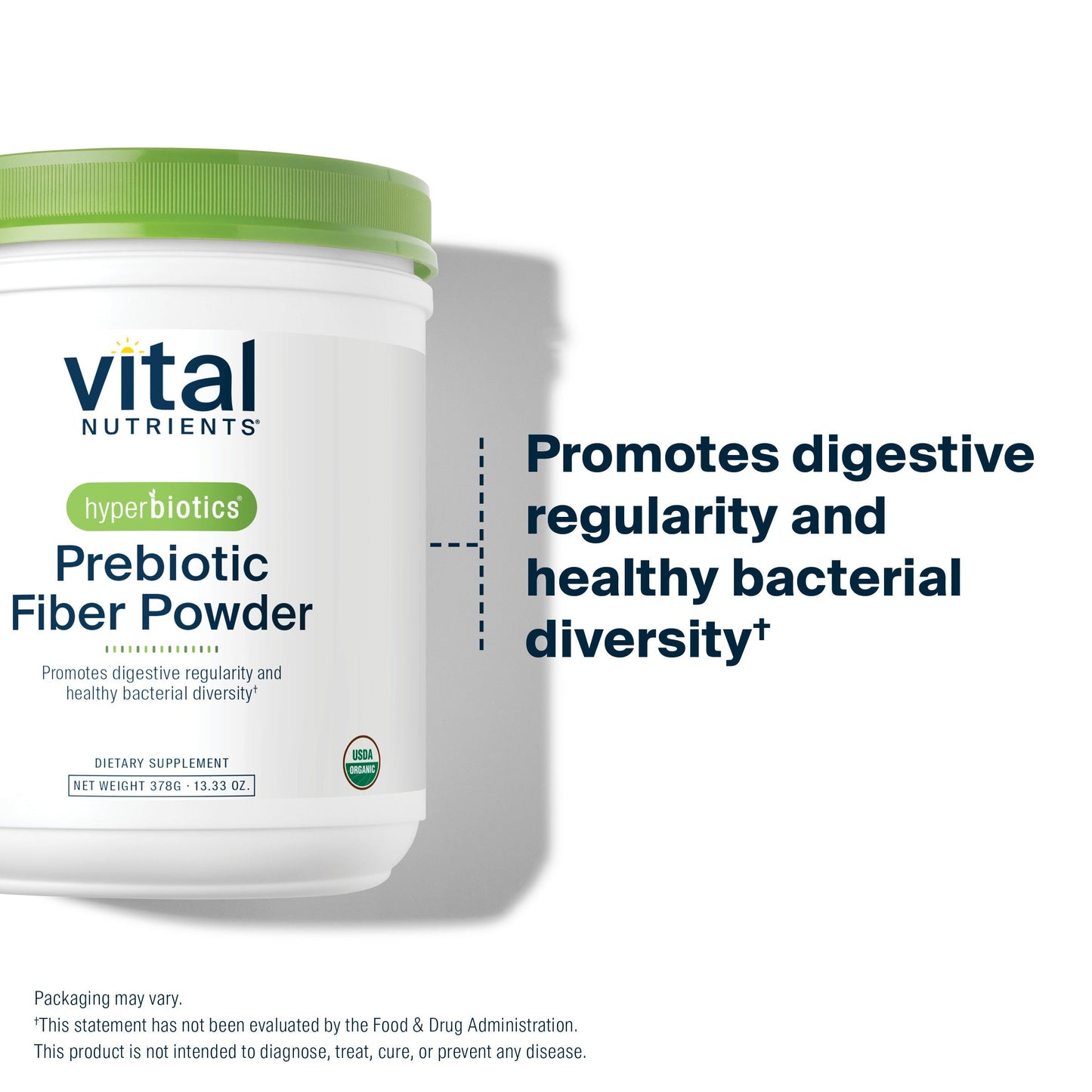 Vital Nutrients Hyperbiotics Prebiotic Fiber Powder promotes digestive regularity and healthy bacterial diversity.