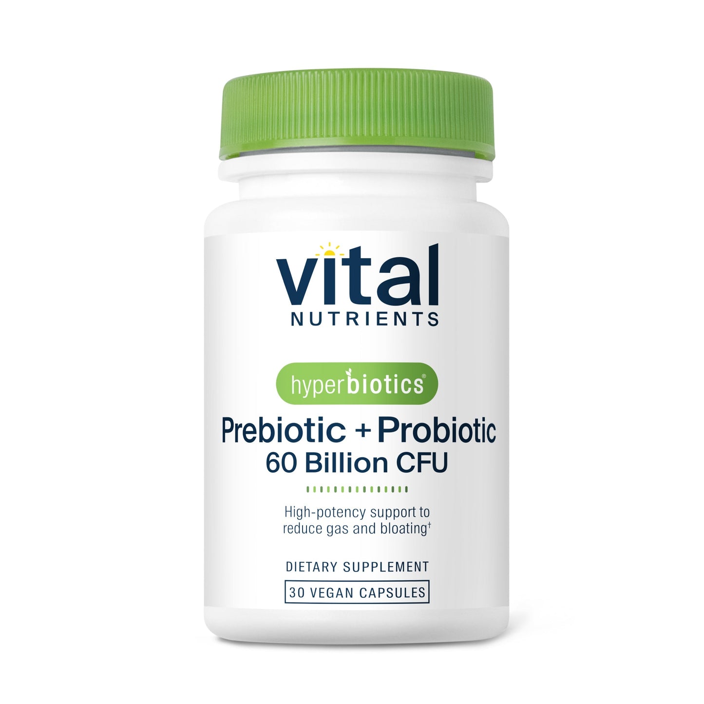 A white bottle of "Vital Nutrients" prebiotic and probiotic capsules, featuring a green cap and labeled with dosage information.
