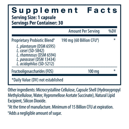 Supplement facts label detailing a probiotic blend with various strains and fructooligosaccharides. Contains 30 servings per container.