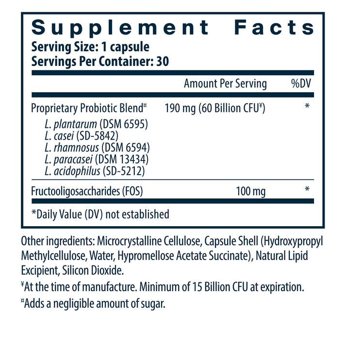 Supplement facts label detailing a probiotic blend with various strains and fructooligosaccharides. Contains 30 servings per container.