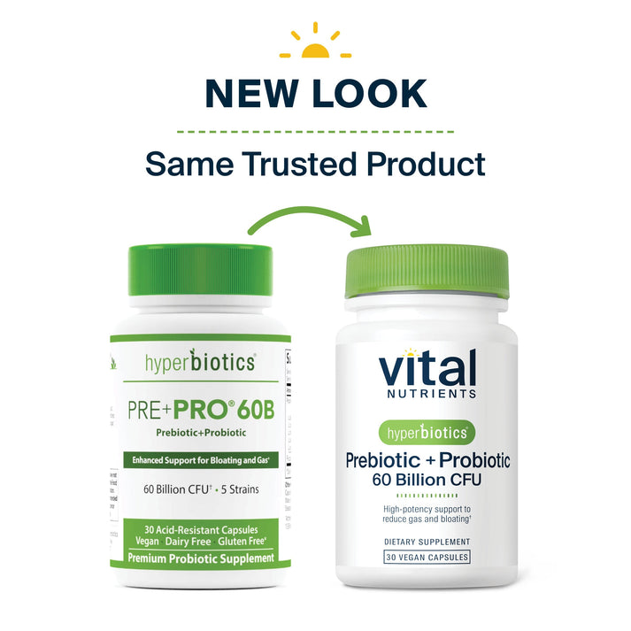 Image shows two bottles of probiotic supplements with a label indicating a new look for the same trusted product.