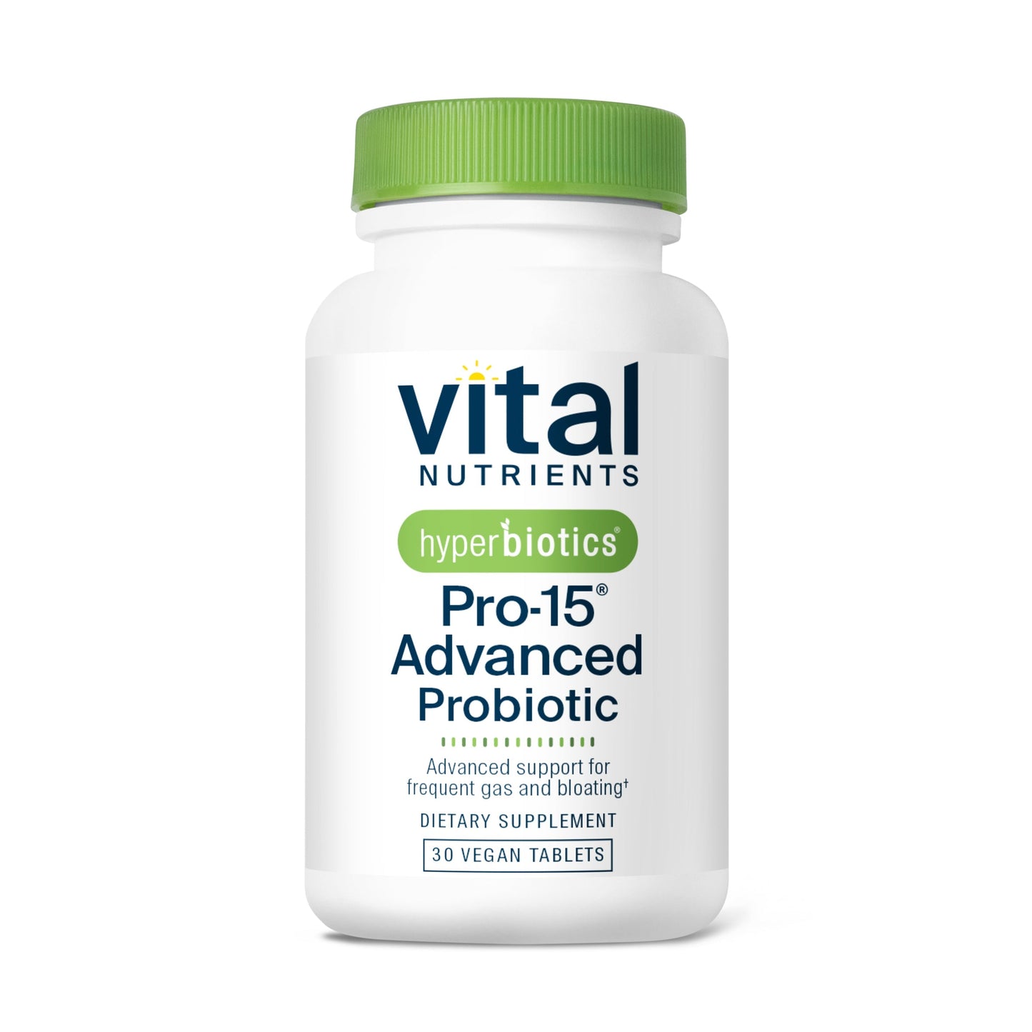 A white bottle of "Vital Nutrients" Pro-15 Advanced Probiotic with a green cap, labeled as a dietary supplement for gas and bloating.