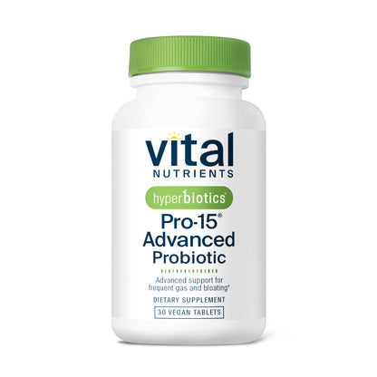 A white bottle of "Vital Nutrients" Pro-15 Advanced Probiotic with a green cap, labeled as a dietary supplement for gas and bloating.