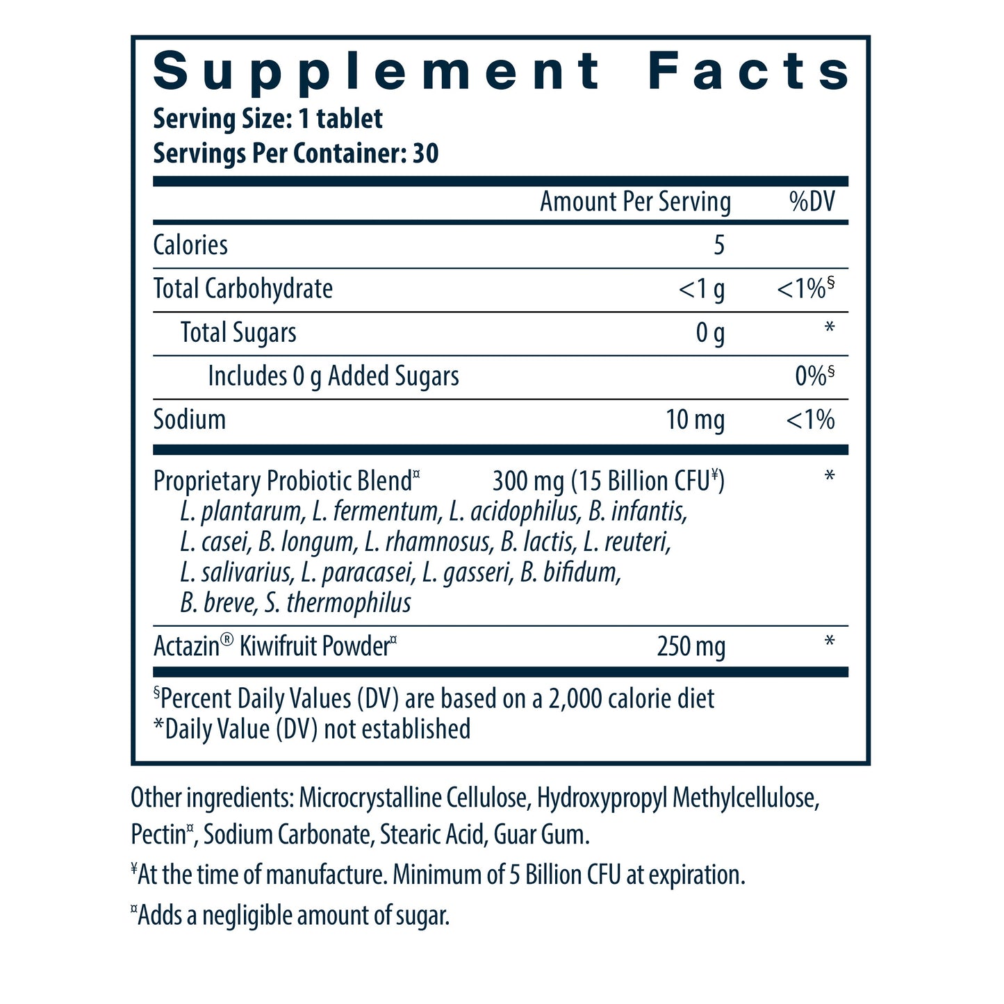 Supplement facts for a probiotic tablet, detailing calories, carbohydrates, sodium, and a proprietary probiotic blend.
