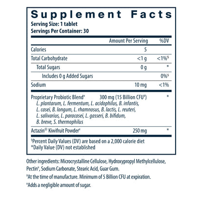Supplement facts for a probiotic tablet, detailing calories, carbohydrates, sodium, and a proprietary probiotic blend.