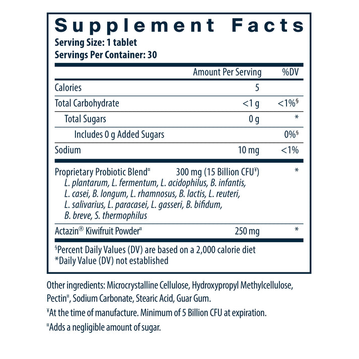 Supplement facts for a probiotic tablet, detailing calories, carbohydrates, sodium, and a proprietary probiotic blend.