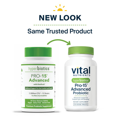Image shows two probiotic supplement bottles side by side, highlighting a new look for the same trusted product.