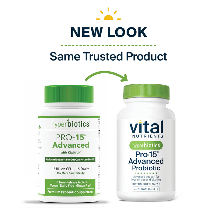 Image shows two probiotic supplement bottles side by side, highlighting a new look for the same trusted product.