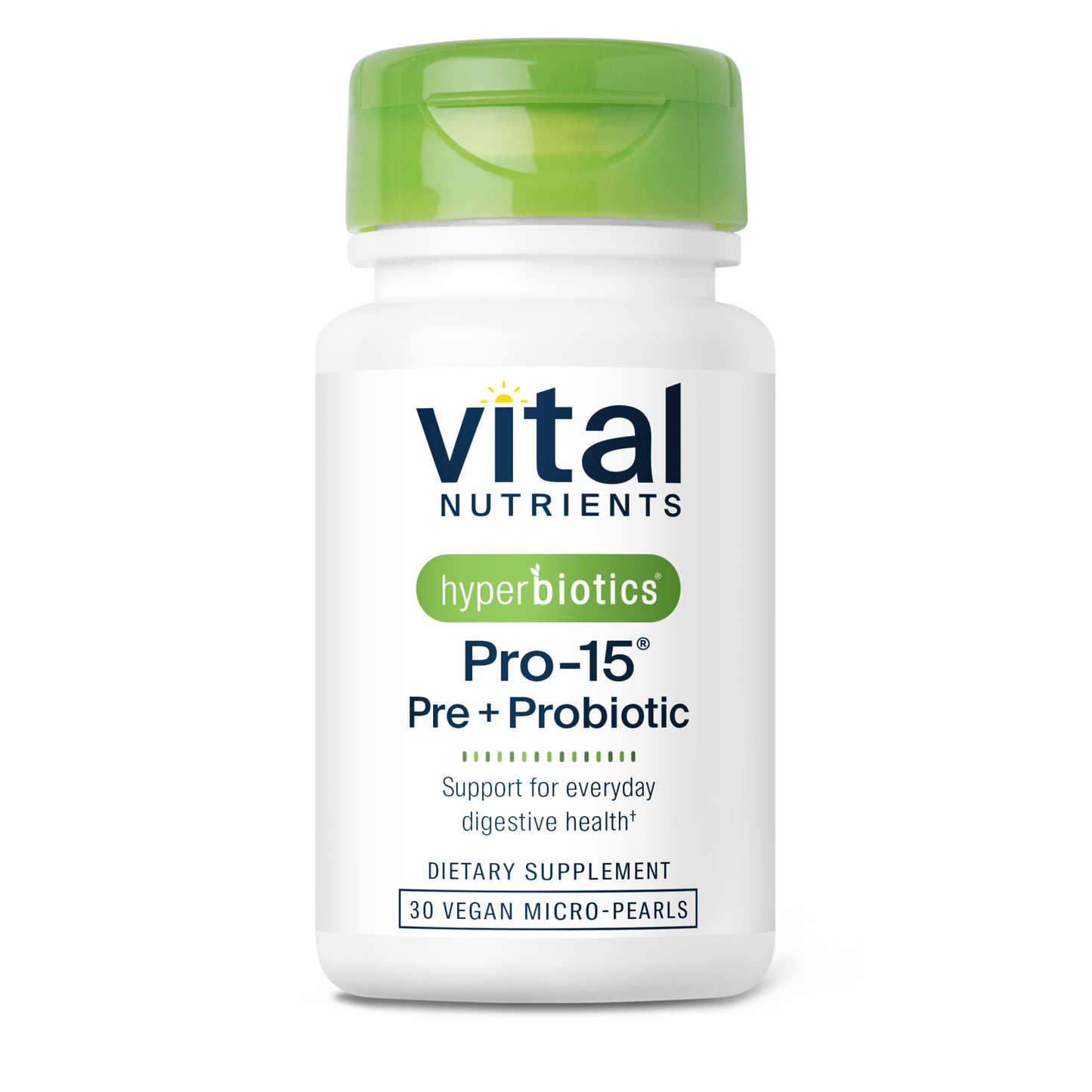 A bottle of Vital Nutrients Pro-15 Pre + Probiotic dietary supplement, featuring 30 vegan micro-pearls for digestive health support.