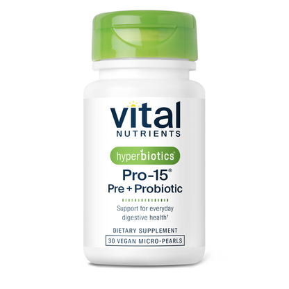 A bottle of Vital Nutrients Pro-15 Pre + Probiotic dietary supplement, featuring 30 vegan micro-pearls for digestive health support.