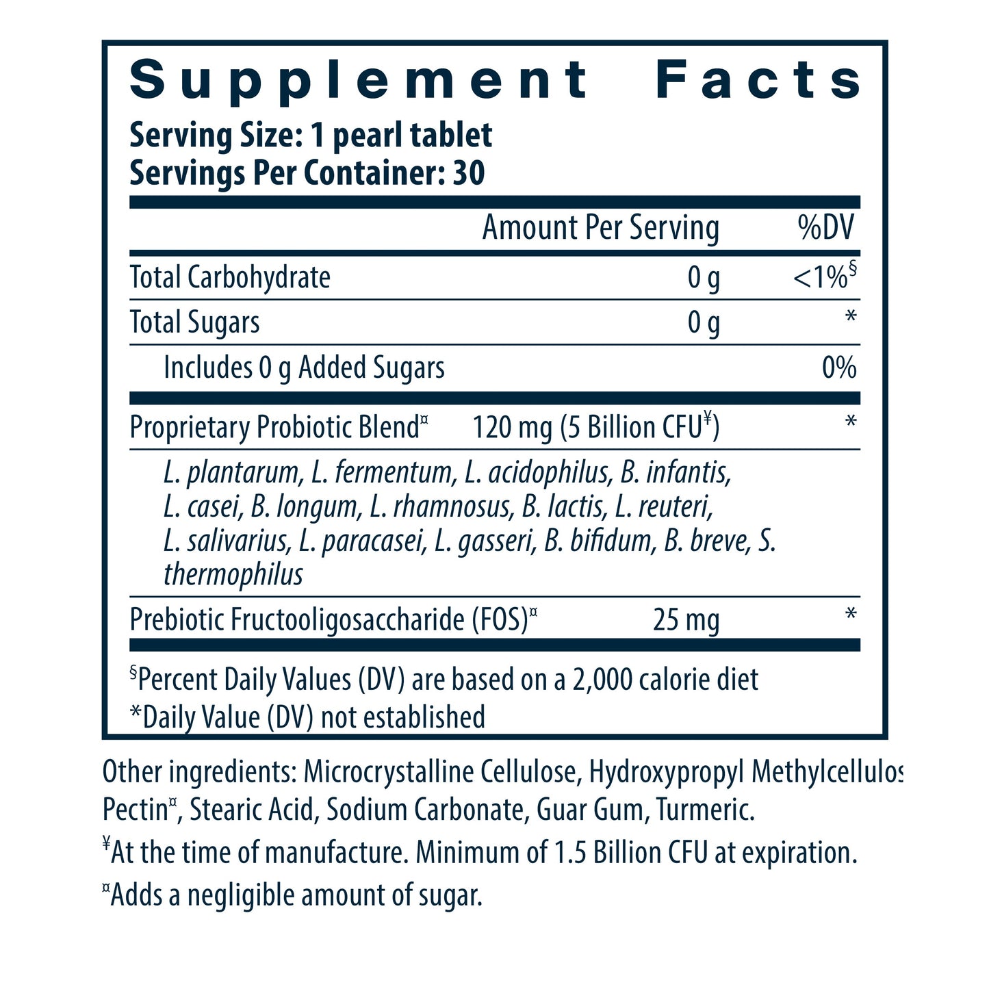 Supplement facts label for a probiotic product, detailing serving size, ingredients, and nutritional information.