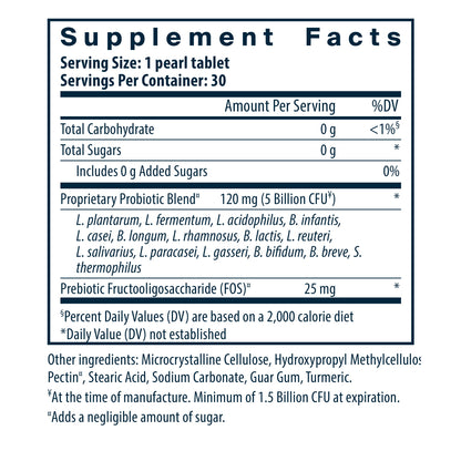 Supplement facts label for a probiotic product, detailing serving size, ingredients, and nutritional information.