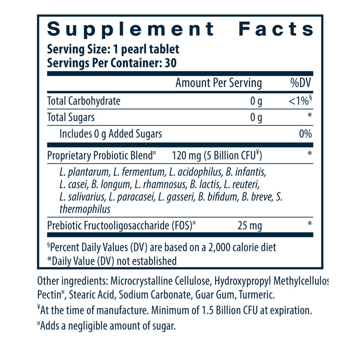 Supplement facts label for a probiotic product, detailing serving size, ingredients, and nutritional information.