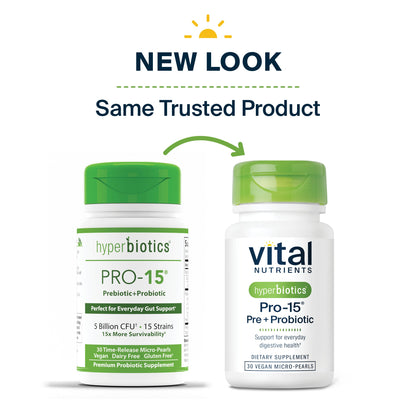 Image shows two bottles of probiotics with a "New Look" label. The left is labeled "hyperbiotics PRO-15," and the right "vital nutrients Pro-15."