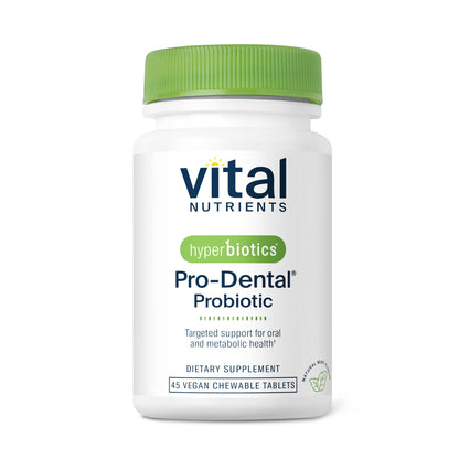 A white bottle of "Vital Nutrients" Pro-Dental Probiotic with a green cap, containing 45 vegan chewable tablets.