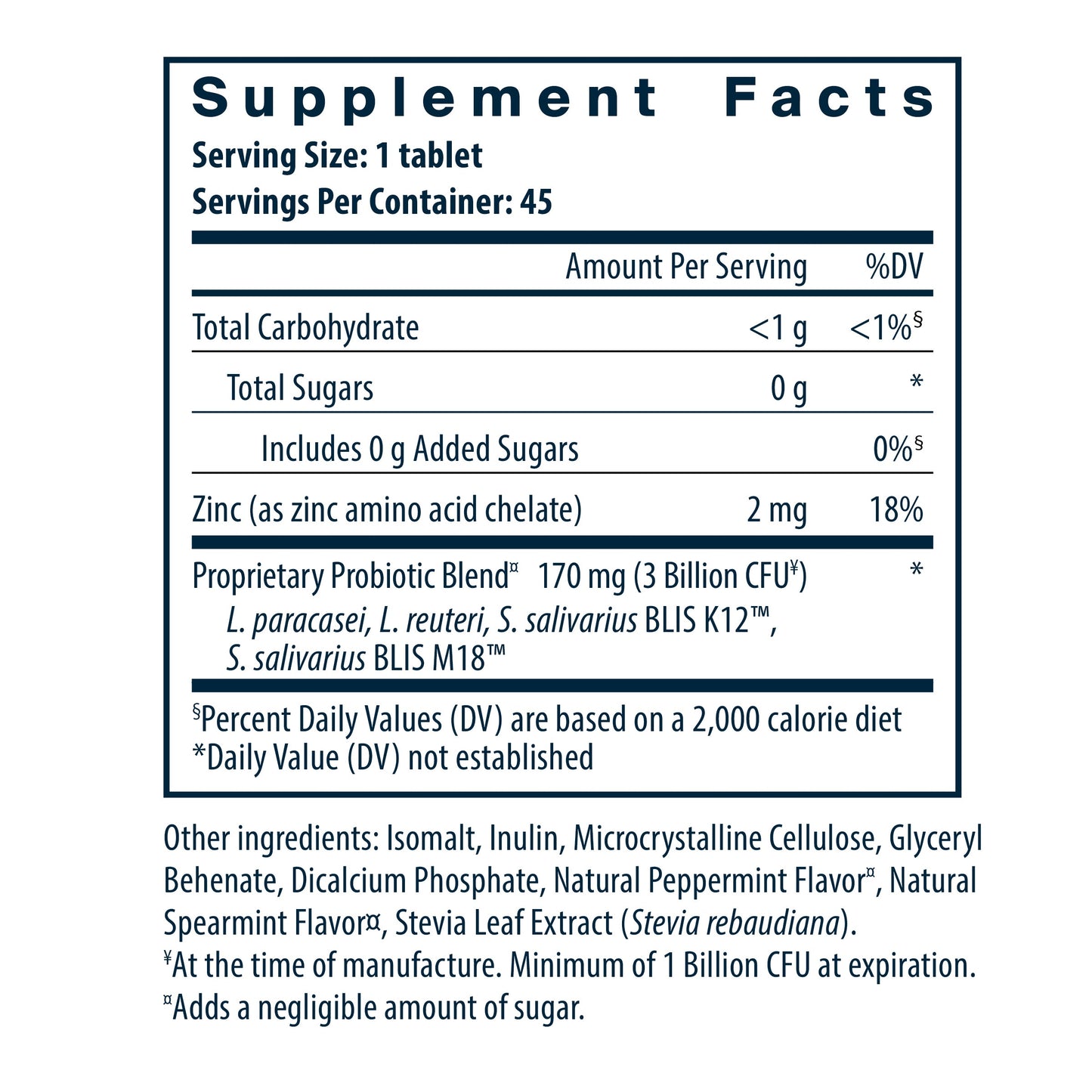 Supplement facts label detailing serving size, ingredients, and nutritional information for a probiotic tablet.