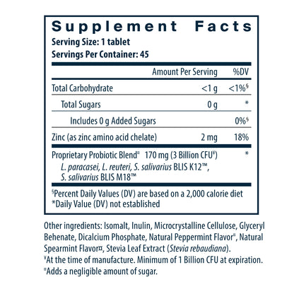 Supplement facts label detailing serving size, ingredients, and nutritional information for a probiotic tablet.
