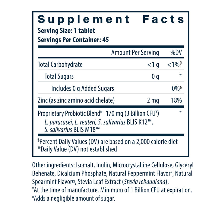 Supplement facts label detailing serving size, ingredients, and nutritional information for a probiotic tablet.