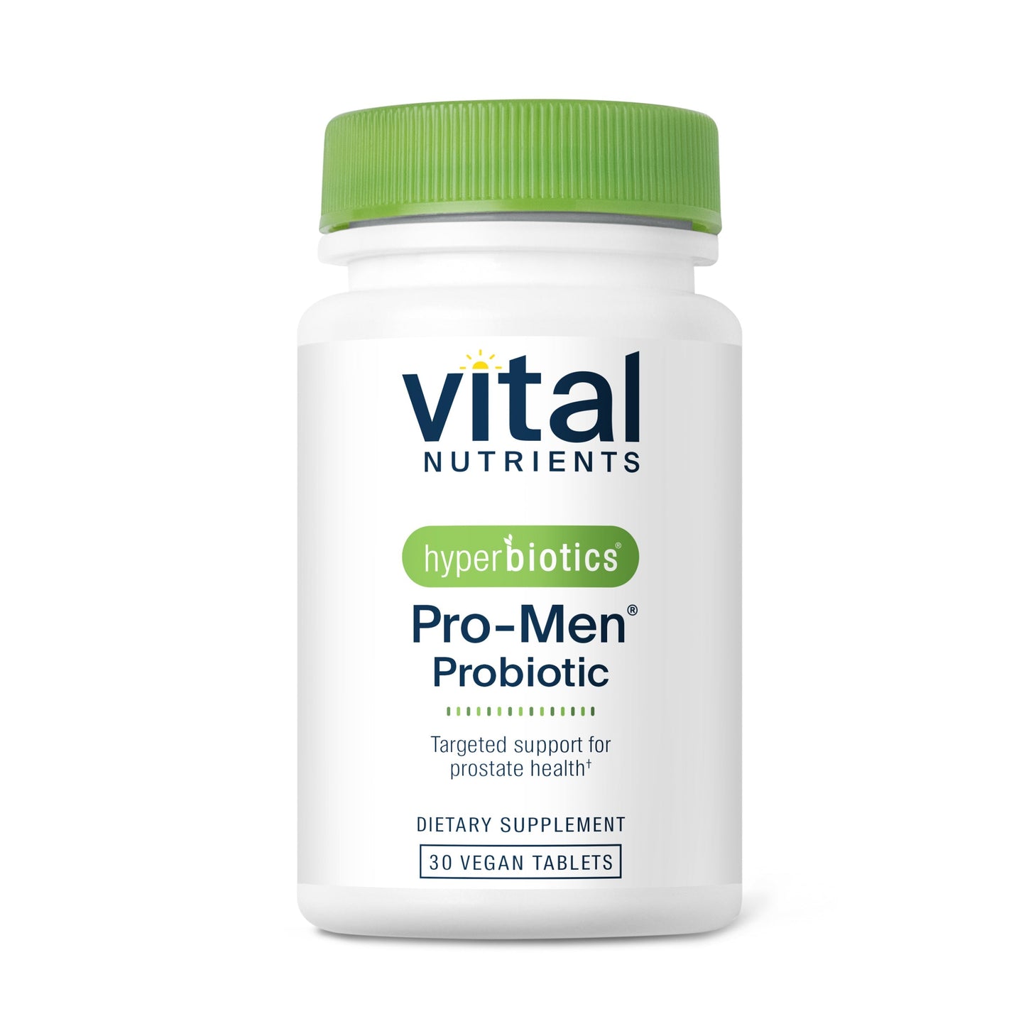 A white bottle of "Vital Nutrients" Pro-Men Probiotic with a green cap, labeled as a dietary supplement for prostate health. Contains 30 vegan tablets.