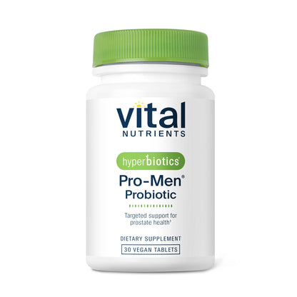 A white bottle of "Vital Nutrients" Pro-Men Probiotic with a green cap, labeled as a dietary supplement for prostate health. Contains 30 vegan tablets.