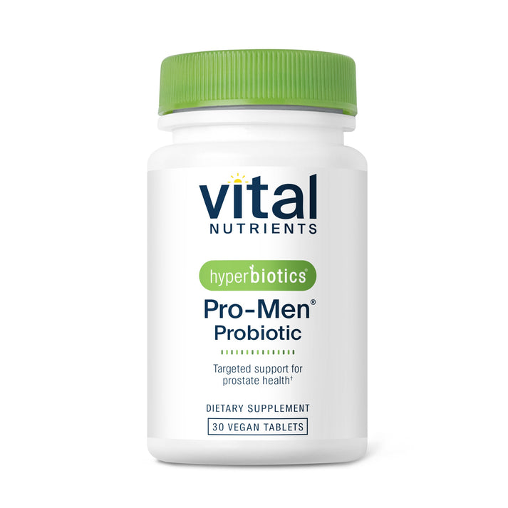 A white bottle of "Vital Nutrients" Pro-Men Probiotic with a green cap, labeled as a dietary supplement for prostate health. Contains 30 vegan tablets.