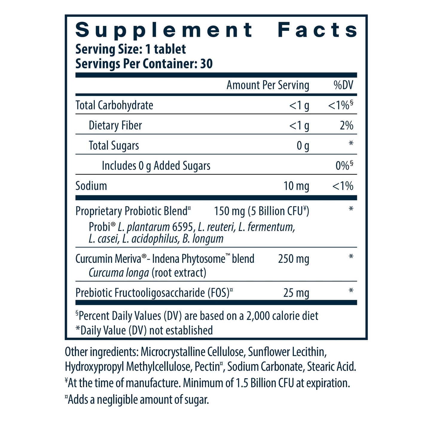 Supplement facts for a probiotic tablet, detailing serving size, ingredients, and nutritional values. Contains probiotics, curcumin, and prebiotic fiber.