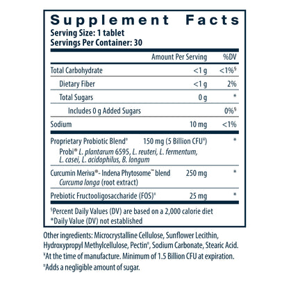 Supplement facts for a probiotic tablet, detailing serving size, ingredients, and nutritional values. Contains probiotics, curcumin, and prebiotic fiber.