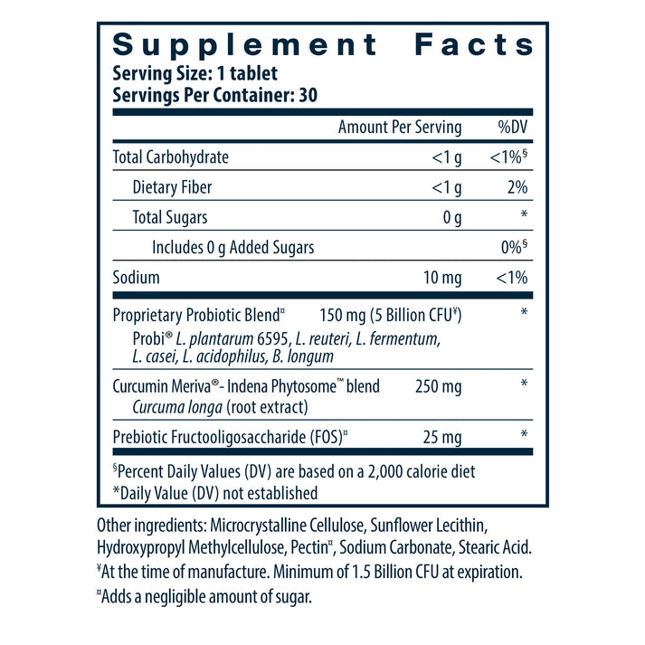 Supplement facts for a probiotic tablet, detailing serving size, ingredients, and nutritional values. Contains probiotics, curcumin, and prebiotic fiber.