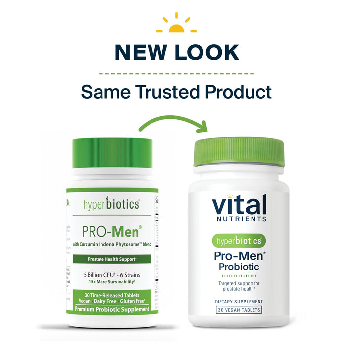 Image shows two bottles of probiotic supplements side by side, highlighting a new design for the same product.